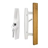Lanai Sliding Glass Door Handle Set with Oak Wood Pull in White Finish, Includes Key Cylinder, Stand