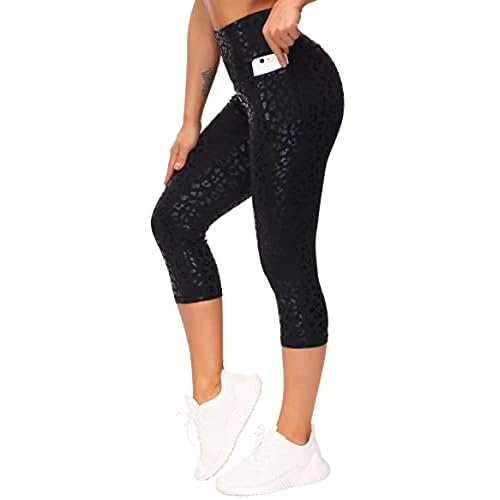 THE GYM PEOPLE Women's High Waist Tummy Control Capris Leggings 18" Inseam Medium Silver/Black