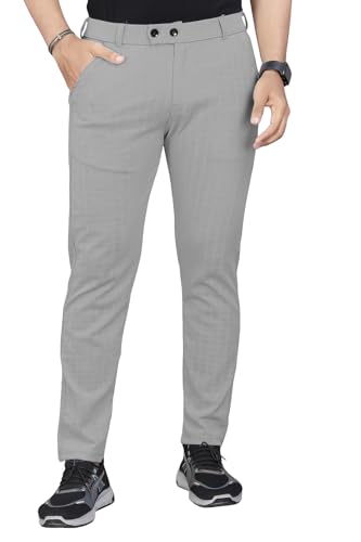 Image of Mehrang Men's Casual Textured Regular Fit Trousers, Formal Pants with Button Closure, Side Pockets, Polyester Trouser for Men