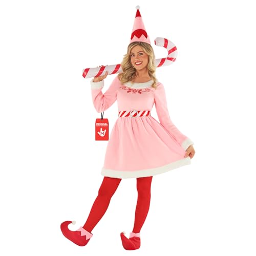 Morph Pinkes Elfenkostüm für Damen, Weihnachtselfen Outfit, Festliches Kostüm, Lustiges Elfenkleid, S