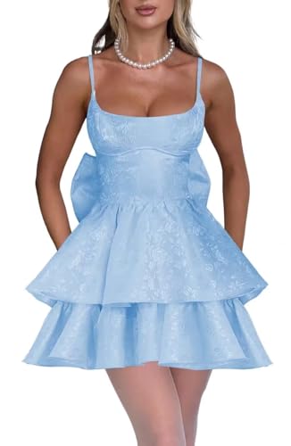 Jacquard Floral Satin Short Prom Dress Spaghetti Straps Puffy Mini Cocktail Party Gowns with Bow Back3