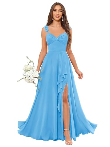 Women's Chiffon Bridesmaid Dresses Ruffle Spaghetti Straps Long A Line Formal Evening Gown with Slit
