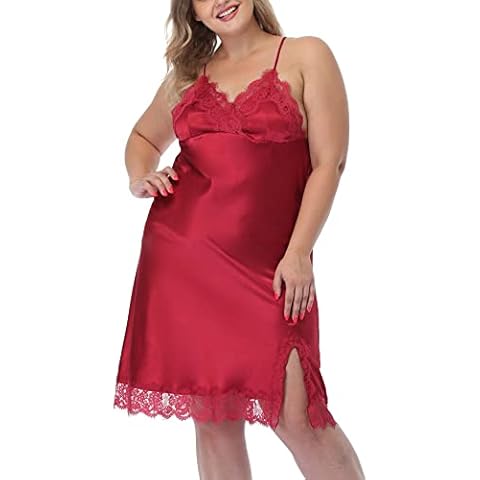 ABC-STAR Women's Plus Size Satin Slip Nightgown Lace Chemise Lingeries Sexy Slit Negligees Sleepwear Bridal Lingerie Burgundy Cover