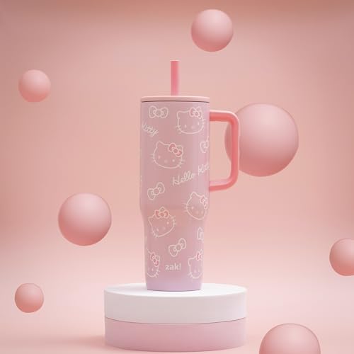 Image of Zak Designs Hello Kitty 30oz Spill-Proof Insulated Stainless Steel Tumbler | BPA Free, Silicone Straw, Handle, Cupholder Friendly, Dishwasher Safe, For Office, Home, Travel, Work, Gym Fitness