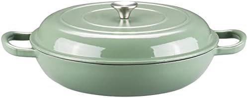 Godappe Enameled Cast Iron Braiser, 3.8 Quart Enamel Cast Iron Dutch Oven with Handles, Cast Iron Braiser Pan with Lid Cast Iron Enameled Cookware for Oven, Stovetop, Induction(Gray Green)