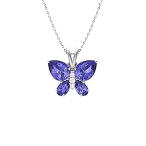 Diamondere Natural and Certified Tanzanite and Diamond Butterfly Petite Necklace in 14k White Gold | 1.11 Carat Pendant with Chain