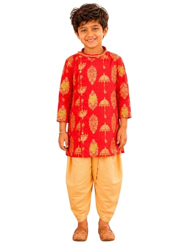 Image of superminis Boy's Golden Foil Printed Side Open Cotton Kurta, Round Collar, Full Sleeves Ethnic Wear Dhoti Kurta Set