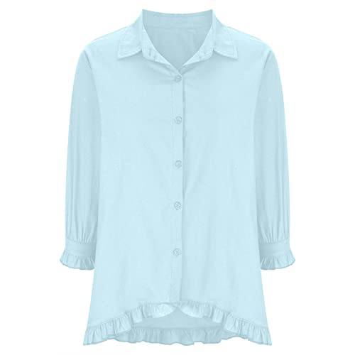Women Linen Button Down Shirt Ruffle Short Sleeve Shirts Collared V Neck Teen Girls Spring Summer Casual Blouses Tops3