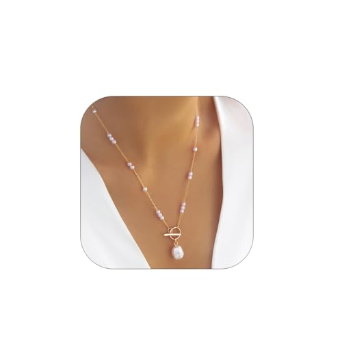 ALRNBY Pearl Necklace for Women Long Baroque Pearl Choker Dainty Gold Beaded Necklaces Toggle Necklaces Stainless Steel Trendy Jewelry Hypoallergenic by ALRNBY - Used condition - US$8.38