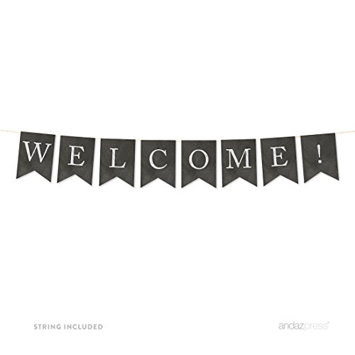 Andaz Press Hanging Bunting Pennant Party Banner with String, Vintage Chalkboard Cardstock, Welcome!, 3-Feet, 1-Set, Includes String