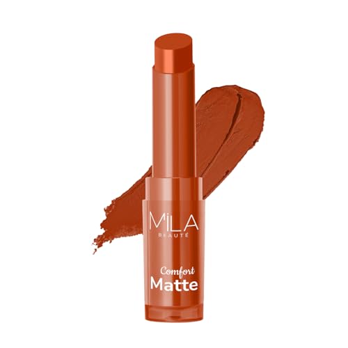 Image of Mila Beaute Creamy Comfort Matte Long-Lasting Lipstick for Women | Highly Pigmented & Hydrating Lipstick with Jojoba | Single Swipe Application | Suitable for Indian Skin Tones - RUSTY BROWN