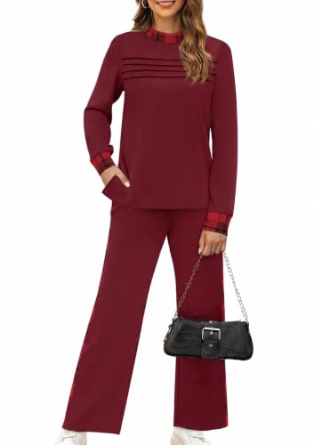 Image of WIHOLL Two Piece Sets for Women Fall Travel Vacation Outfits 2026 Long Sleeve Lounge Sets Side Slit Wide Leg Pants XS-3XL