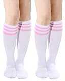 Syhood 2 Pairs Classic Athletic Knee High Socks Triple Stripes over The Calf Cotton Retro Tube Sock(Pink)