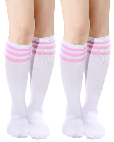 Syhood 2 Pairs Classic Athletic Knee High Socks Triple Stripes over The Calf Cotton Retro Tube Sock(Pink)
