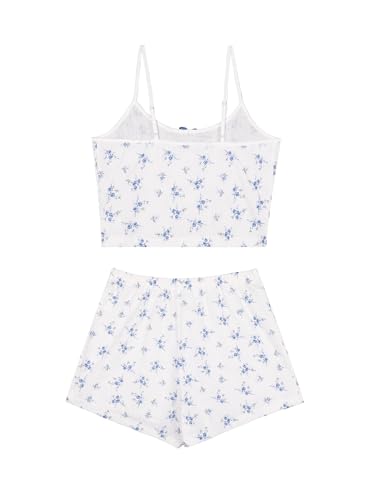 Image of Hilinker Womens Graphic 2 Piece Pajama Set Summer Cute Crop Cami and Shorts Ribbed Lounge Sets