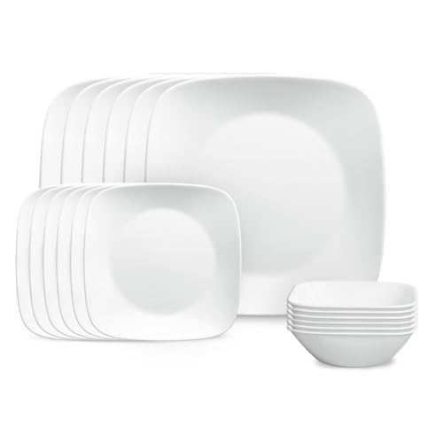 Corelle Vitrelle 18-Piece Service for 6 Square Dinnerware Set Triple Layer Glass and Chip Resistant,...