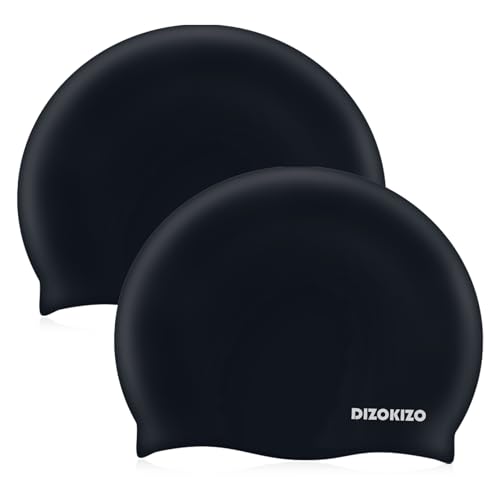 Dizokizo 2pcs Silicone Swim Cap for Kids 6-14, High Elasticity Comfortable Non-Slip Swimming Cap for Girls & Boys, Durable Waterproof Swim Hats for Long and Short Hair, Keep Hair Dry (Black & Black)
