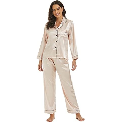 ANNA&CHRIS Silk Pajama Set for Women Satin Bride Pajamas Button Down Pjs Set 2 Pieces Pajamas Pants Set Lounge Wear Set Outfits Champagne L Cover