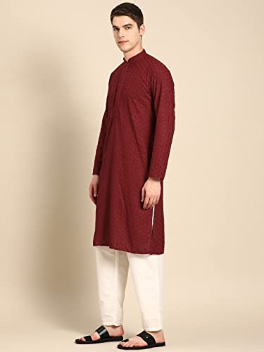 Image of Rajubhai Hargovindas Men Pure Cotton Chikankari Embroidered Straight Kurta