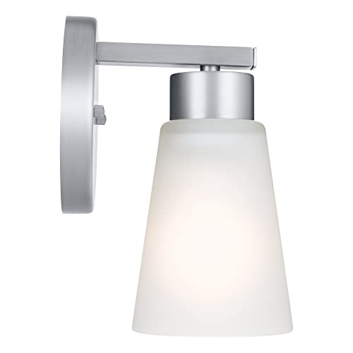 Image of Kichler Stamos Wall Sconce 1-Light with Satin Etched Glass, Modern Bathroom or Hallway Light in Brushed Nickel, (8 inch H x 5 inch W x 6 inch D)