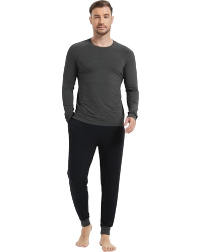 Image of NACHILA Mens Pajamas Set Long Sleeve Henley Sleepwear Top Soft Jogger Pants Pajamas Cool Pjs Set,Viscose Made from Bamboo