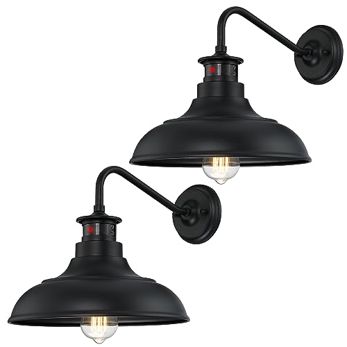 Dusk to Dawn Motion Activated Sensor Gooseneck Outdoor Wall Light Fixture, Industrial Outdoor Barn Light Matte Black Exterior Wall Sconce for Garage Porch Front Door, 2 Pack(Bulbs Included)