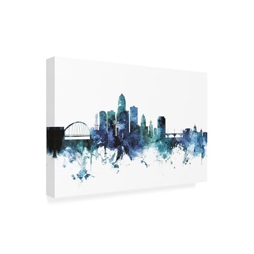 Wrapped Canvas Wall Art - Michael Tompsett 'Des Moines Iowa Blue Teal Skyline' Wall Art for Living Room, Bedroom, or Office Décor - 22x32
