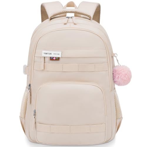 YAMTION Mochila para escola, bolsa de livros fofa para adolescentes com compartimento para laptop para estudantes, mochila de viagem com grande capacidade para homens e mulheres, cáqui