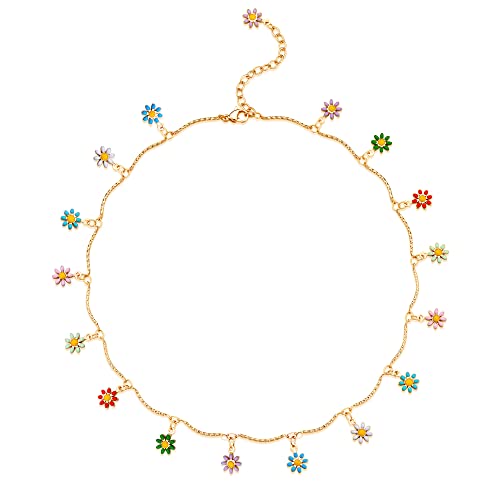 MEVECCO Gold Choker Necklace for Women 14K Gold Plated Dainty Cute Colorful Daisy Flower Short Chain Link Necklace Delicate Handmade Minimalist Fashion Jewelry Gift