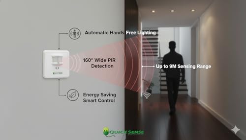 Image of Quick Sense QS-14 PIR Motion Sensor Switch | 160 Wall Switch with Manual ON /Off /PIR Modes | 9m Range, 800W | 10s-7min Delay, 10-2000 LUX | IP44 for Home, Office, Bathroom | AC 220-240V