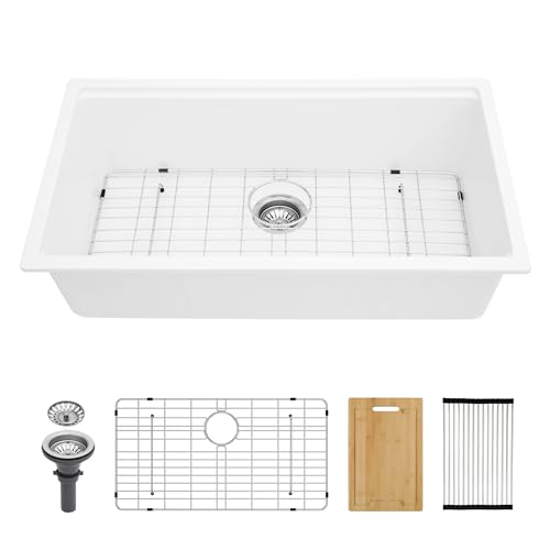 GOWE Quartz Kitchen Sink - 33x19 White Granite Composite Workstation undermount Kitchen Sink