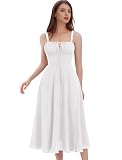 IWEMEK Robe Corset Femme d'été, Robe Longue Boho Chic à Bretelles Réglables   Imprimé Fleuri, Dos Nu, Taille Cintrée, Manche Épaulette, Longueur Mi Mollet pour Vacances, Plage, Mariage Blanc M