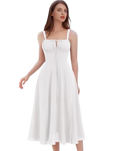 Image of Women Floral Corset Dress 2026 Boho Midi Sundress Summer Dress | Flowy A-Line Dress with Adjustable Spaghetti Straps Lace Up Back Front Slit High Waist for Vacation Wedding Guest