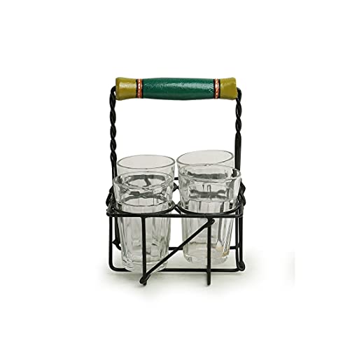 ExclusiveLane 'The Railway Nostalgia' Cutting Chai Tea Glasses Set with Holder Coffee Mug Chai Cups Tea Cups for Tea Set of 4 (120 ml)