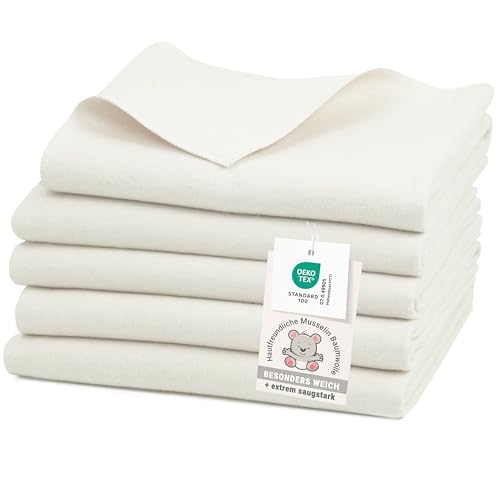 ZOLLNER 5er Set Moltontücher in 80x80 cm aus Baumwolle - saugstarke Wickelunterlage - weich und wärmend - waschbar bis 95°C - in naturweiß - Oeko Tex® Zertifiziert