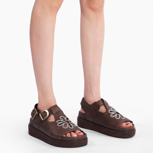 Brown Flower Platform Sandals for Women with Adjustable Buckle Back Strap Comfort Summer Open Toe Slip on Slingback T-Strap Beach Sandals.2