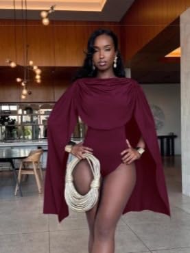 Sexy Jumpsuits for Women Drape Ruched Cape Long Sleeve Bodysuit Top One Piece Outfits Y2K Going Out Top - Image 3