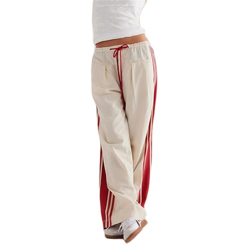 Mylleure Women Y2k Track Pants Side Striped Wide Leg Baggy Pants Casual Drawstring Waist Parachute Sweatpants Streetwear