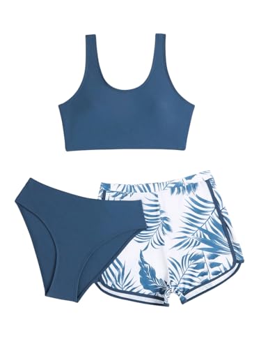 COZYEASE Girls' 3 Piece Swimsuit Tropical Print Bikini Bathing Suit with Shorts