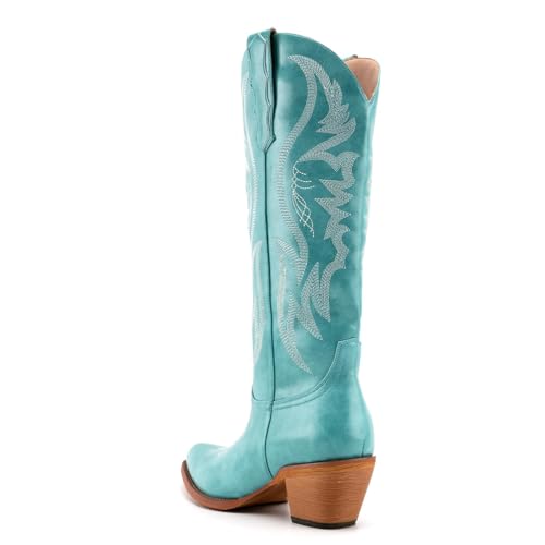 Image of KaroNairy Cowboy Boots for Women Mid Calf Western Cowgirl Boots Embroidered Pointed Toe Chunky Heel Country Concerts,Turquoise