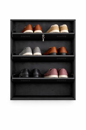 Image of 3 Door Wall Mounted Metal Shoe Rack with Lock | Foldable Shoe Cabinet | Space Saving Shoe Organizer for Home | Ventilated Steel Shoe Stand Holds 9 -18 Pairs (Black)