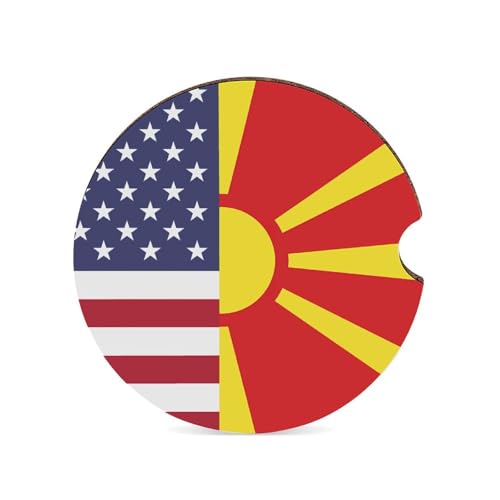 Dessous de Verre pour Voiture, Drapeau américain et Macédoine du Nord, 6,6 cm, Porte-gobelet en Bois avec Tapis en liège, 1 pièce