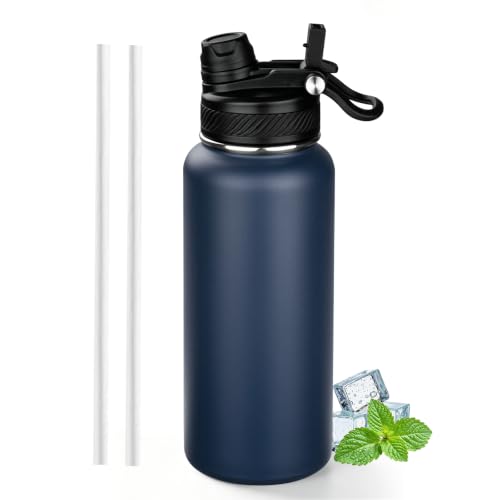 Image of 32 oz Insulated Water Bottle with Leak-proof 2-in-1 Straw and Spout Lid,Stainless Steel Sports Water Bottle with Handle,Double Wall Vacuum Metal Water Flask for Travel Camping School (Navy blue,1)