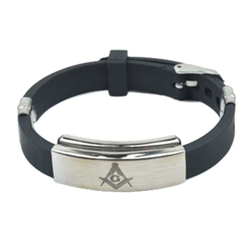 Freemason Masonic Bracelet - Stainless Steel & Rubber Freemason Masonic Wristband/Wristlet with Watch Style Clasp - Freemason's Jewelry for Free Masonry Member. Free Masons Masonary Design