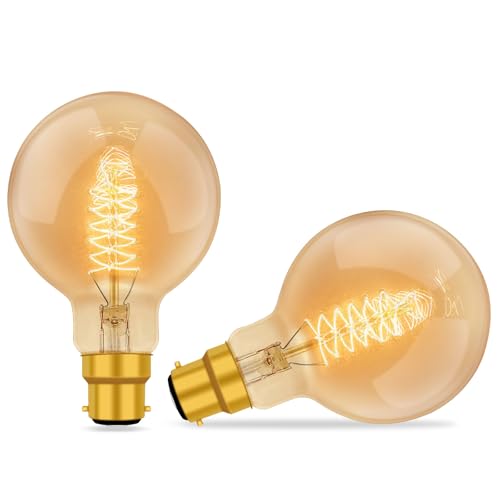 B22 Vintage Bayonet Edison Light Bulbs Dimmable, G80 Globe Bulb, Amber Glass Warm White 2700K, 600LM, Retro Decorative Bulbs, Vintage Spiral Filament Light Bulb, for Ceiling, Chandelier, 2 Pack