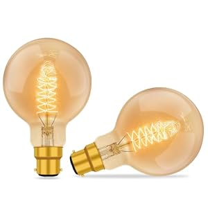 B22 Vintage Bayonet Edison Light Bulbs Dimmable, G80 Globe Bulb, Amber Glass Warm White 2700K, 600LM, Retro Decorative Bulbs, Vintage Spiral Filament Light Bulb, for Ceiling, Chandelier, 2 Pack