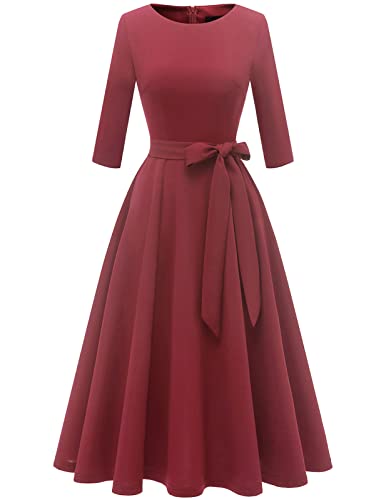 Dresstells Vintage Tea Dress For Women, 1950S Cocktail Party Dresses, Modest Bridesmaid Dress For Wedding Guest, 3/4 Sleeve Formal Aline Church Dress, Fit Flare Prom Dress Raspberry L #TOP17