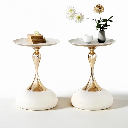 Ginhow Lot de 2 Tables Basses Rondes et Modernes, Petite Table Balcon pour Salon, Chambre à Coucher, 40 cm, Beige et Or, 2 Pièces