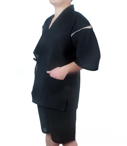 ZEALMAX Men's Kimono Japanese Shirt and Shorts Suit, Cotton Linen Loungewear Lounge Set Spa Bathrobe, Black4