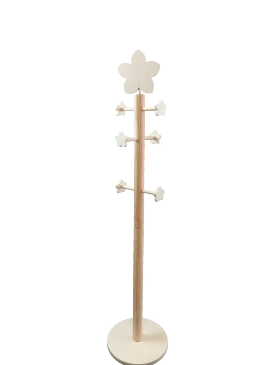 GRECA Percha árbol Flor. Perchero infantil. En pino y chopo crudo, para pintar. Medidas: Diámetro de base: 30 cms. Alto: 122 cms.